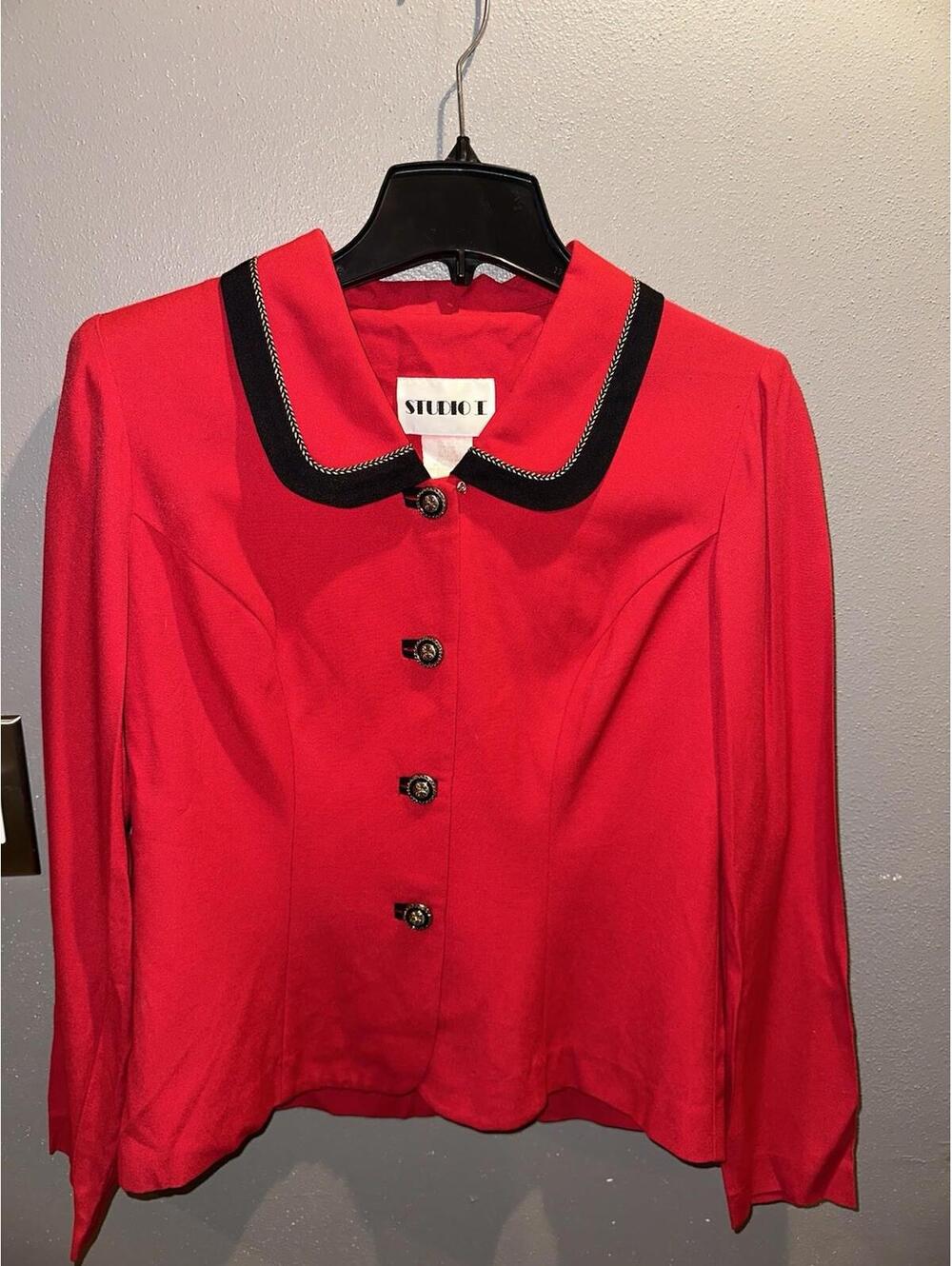 Vintage Studio I Women's Red Button Up with Black Velvet Trim 10